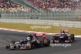 Jean-Eric Vergne (FRA) Scuderia Toro Rosso STR7 leads team mate Daniel Ricciardo (AUS) Scuderia Toro Rosso STR7. 14.10.2012. Formula 1 World Championship, Rd 16, Korean Grand Prix, Yeongam, South Korea, Race Day.