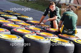 Pirelli tyres worked on by Caterham F1 Team mechanics. 11.10.2012. Formula 1 World Championship, Rd 16, Korean Grand Prix, Yeongam, South Korea, Preparation Day.