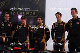 06.02.2012 Jerez, Spain,  Eric Boullier (FRA), Team Principal, Lotus Renault GP with Kimi Raikkonen, Jerome d'Ambrosio (BEL),  Lotus Renault F1 Team, Romain Grosjean (FRA), Lotus Renault F1 Team and James Allison  - Lotus F1 Team E20 Launch