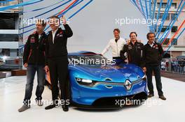 (L to R): Sebastian Vettel (GER) Red Bull Racing; Carlos Tavares, Renault COO; Laurens Van Den Acker, Renault Industrial Design Director; Christian Horner (GBR) Red Bull Racing Team Principal; and Alain Prost (FRA) unveil the Renault Alpine A110-50 Concept car on the Red Bull Energy Station. 25.05.2012. Formula 1 World Championship, Rd 6, Monaco Grand Prix, Monte Carlo, Monaco, Friday