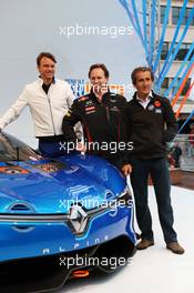(L to R): Laurens Van Den Acker, Renault Industrial Design Director; Christian Horner (GBR) Red Bull Racing Team Principal; and Alain Prost (FRA) unveil the Renault Alpine A110-50 Concept car on the Red Bull Energy Station. 25.05.2012. Formula 1 World Championship, Rd 6, Monaco Grand Prix, Monte Carlo, Monaco, Friday