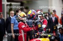 Race winner Mark Webber (AUS) Red Bull Racing celebrates with Fernando Alonso (ESP) Ferrari in parc ferme. 27.05.2012. Formula 1 World Championship, Rd 6, Monaco Grand Prix, Monte Carlo, Monaco, Race Day