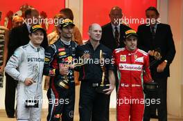 The podium (L to R): Nico Rosberg (GER) Mercedes AMG F1, second; Mark Webber (AUS) Red Bull Racing, race winner; Adrian Newey (GBR) Red Bull Racing Chief Technical Officer; Fernando Alonso (ESP) Ferrari, third. 27.05.2012. Formula 1 World Championship, Rd 6, Monaco Grand Prix, Monte Carlo, Monaco, Race Day