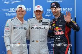 Qualifying parc ferme (L to R): Nico Rosberg (GER) Mercedes AMG F1, third; Michael Schumacher (GER) Mercedes AMG F1, pole position (but takes a five place grid penalty); Mark Webber (AUS) Red Bull Racing, second. 26.05.2012. Formula 1 World Championship, Rd 6, Monaco Grand Prix, Monte Carlo, Monaco, Qualifying Day