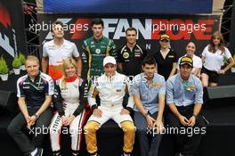 Drivers at the Fanzone (From back row (L to R)): Jules Bianchi (FRA) Sahara Force India F1 Team Third Driver; Alexander Rossi (USA) Caterham CT01 Test Driver; Jerome d'Ambrosio (BEL) Lotus F1 Team Third Driver; Valtteri Bottas (FIN) Williams Third Driver; Maria De Villota (ESP) Marussia F1 Team Test Driver; Dani Clos (ESP) HRT Formula One Team F112 Test Driver; Jaime Alguersuari (ESP) BBC Radio 5 Live Expert Summariser; Lucas di Grassi (BRA). 24.05.2012. Formula 1 World Championship, Rd 6, Monaco Grand Prix, Monte Carlo, Monaco, Practice Day