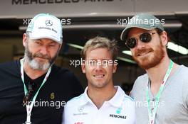 Sam Bird (GBR) Mercedes AMG F1 Test And Reserve Driver (Centre) with Liam Cunningham (IRE) Actor (Left) and Michael Fassbender (IRE) Actor (Right). 26.05.2012. Formula 1 World Championship, Rd 6, Monaco Grand Prix, Monte Carlo, Monaco, Qualifying Day