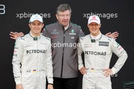 21.02.2012 Barcelona, Spain,  Nico Rosberg (GER), Mercedes GP with Ross Brawn (GBR), Mercedes GP Team Principal and Michael Schumacher (GER), Mercedes GP - Mercedes F1 W03 Launch