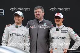 21.02.2012 Barcelona, Spain,  Nico Rosberg (GER), Mercedes GP with Ross Brawn (GBR), Mercedes GP Team Principal andMichael Schumacher (GER), Mercedes GP- Mercedes F1 W03 Launch