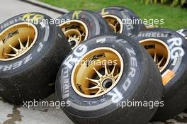 Pirelli tyres for the Lotus F1 Team. 23.03.2012. Formula 1 World Championship, Rd 2, Malaysian Grand Prix, Sepang, Malaysia, Friday