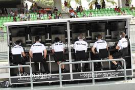 Mercedes AMG F1 pit gantry. 23.03.2012. Formula 1 World Championship, Rd 2, Malaysian Grand Prix, Sepang, Malaysia, Friday Practice