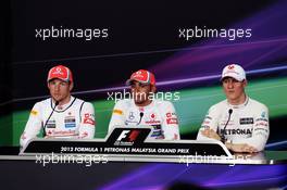 The qualifying top 3 FIA Press Conference (L to R): Jenson Button (GBR) McLaren; pole sitter Lewis Hamilton (GBR) McLaren and Michael Schumacher (GER) Mercedes AMG F1. 24.03.2012. Formula 1 World Championship, Rd 2, Malaysian Grand Prix, Sepang, Malaysia, Saturday Qualifying