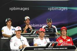 The FIA Press Conference (From back row (L to R)): Sergio Perez (MEX) Sauber; Jean-Eric Vergne (FRA) Scuderia Toro Rosso; Pastor Maldonado (VEN) Williams; Michael Schumacher (GER) Mercedes AMG F1; Jenson Button (GBR) McLaren; Fernando Alonso (ESP) Ferrari.   22.03.2012. Formula 1 World Championship, Rd 2, Malaysian Grand Prix, Sepang, Malaysia, Thursday