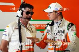 Nico Hulkenberg (GER) Sahara Force India F1 with Bradley Joyce (GBR) Sahara Force India F1 Race Engineer. 02.11.2012. Formula 1 World Championship, Rd 18, Abu Dhabi Grand Prix, Yas Marina Circuit, Abu Dhabi, Practice Day.