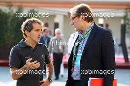 Alain Prost (FRA) (Left) with Arnaud Pericard (FRA) Lawyer in charge planned French GP. 03.11.2012. Formula 1 World Championship, Rd 18, Abu Dhabi Grand Prix, Yas Marina Circuit, Abu Dhabi, Qualifying Day.