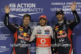 pole for Lewis Hamilton (GBR), McLaren Mercedes 2nd for Mark Webber (AUS), Red Bull Racing and 3rd for Sebastian Vettel (GER), Red Bull Racing  03.11.2012. Formula 1 World Championship, Rd 18, Abu Dhabi Grand Prix, Abu Dhabi, UAE, Qualifying Day