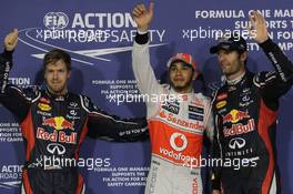 pole for Lewis Hamilton (GBR), McLaren Mercedes 2nd for Mark Webber (AUS), Red Bull Racing and 3rd for Sebastian Vettel (GER), Red Bull Racing  03.11.2012. Formula 1 World Championship, Rd 18, Abu Dhabi Grand Prix, Abu Dhabi, UAE, Qualifying Day