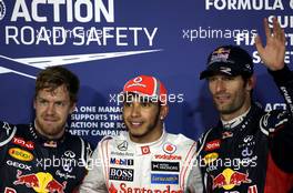 Sebastian Vettel (GER), Red Bull Racing, Lewis Hamilton (GBR), McLaren Mercedes and Mark Webber (AUS), Red Bull Racing  03.11.2012. Formula 1 World Championship, Rd 18, Abu Dhabi Grand Prix, Abu Dhabi, UAE, Qualifying Day