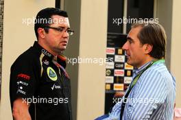 (L to R): Eric Boullier (FRA) Lotus F1 Team Principal with Arnaud Pericard (FRA) Lawyer in charge planned French GP. 04.11.2012. Formula 1 World Championship, Rd 18, Abu Dhabi Grand Prix, Yas Marina Circuit, Abu Dhabi, Race Day.