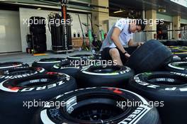 McLaren mechanic prepares Pirelli tyres in the pits. 01.11.2012. Formula 1 World Championship, Rd 18, Abu Dhabi Grand Prix, Yas Marina Circuit, Abu Dhabi, Preparation Day.