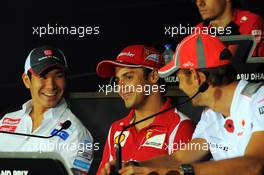 The FIA Press Conference (L to R): Kamui Kobayashi (JPN) Sauber; Felipe Massa (BRA) Ferrari; Jenson Button (GBR) McLaren. 01.11.2012. Formula 1 World Championship, Rd 18, Abu Dhabi Grand Prix, Yas Marina Circuit, Abu Dhabi, Preparation Day.