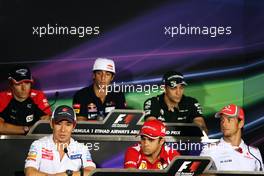 The FIA Press Conference (from back row (L to R): Charles Pic (FRA) Marussia F1 Team; Daniel Ricciardo (AUS) Scuderia Toro Rosso; Vitaly Petrov (RUS) Caterham; Kamui Kobayashi (JPN) Sauber; Felipe Massa (BRA) Ferrari; Jenson Button (GBR) McLaren. 01.11.2012. Formula 1 World Championship, Rd 18, Abu Dhabi Grand Prix, Yas Marina Circuit, Abu Dhabi, Preparation Day.