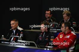 The FIA Press Conference (from back row (L to R)): Eric Boullier (FRA) Lotus F1 Team Principal; Norbert Haug (GER) Mercedes Sporting Director; Martin Whitmarsh (GBR) McLaren Chief Executive Officer; Christian Horner (GBR) Red Bull Racing Team Principal; Stefano Domenicali (ITA) Ferrari General Director.  16.11.2012. Formula 1 World Championship, Rd 19, United States Grand Prix, Austin, Texas, USA, Practice Day.