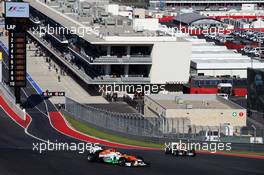(L to R): Paul di Resta (GBR) Sahara Force India VJM05 and team mate Nico Hulkenberg (GER) Sahara Force India F1 VJM05. 16.11.2012. Formula 1 World Championship, Rd 19, United States Grand Prix, Austin, Texas, USA, Practice Day.