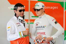 (L to R): Bradley Joyce (GBR) Sahara Force India F1 Race Engineer with Nico Hulkenberg (GER) Sahara Force India F1. 18.11.2012. Formula 1 World Championship, Rd 19, United States Grand Prix, Austin, Texas, USA, Race Day.