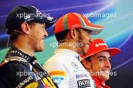The FIA Press Conference (L to R): Sebastian Vettel (GER) Red Bull Racing, second; Lewis Hamilton (GBR) McLaren, race winner; Fernando Alonso (ESP) Ferrari, third. 18.11.2012. Formula 1 World Championship, Rd 19, United States Grand Prix, Austin, Texas, USA, Race Day.