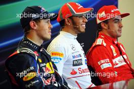 The FIA Press Conference (L to R): Sebastian Vettel (GER) Red Bull Racing, second; Lewis Hamilton (GBR) McLaren, race winner; Fernando Alonso (ESP) Ferrari, third. 18.11.2012. Formula 1 World Championship, Rd 19, United States Grand Prix, Austin, Texas, USA, Race Day.