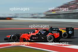 Timo Glock (GER) Marussia F1 Team MR01 and Heikki Kovalainen (FIN) Caterham CT01. 18.11.2012. Formula 1 World Championship, Rd 19, United States Grand Prix, Austin, Texas, USA, Race Day.