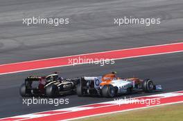 Nico Hulkenberg (GER) Sahara Force India F1 VJM05 and Kimi Raikkonen (FIN) Lotus F1 E20 battle for position. 18.11.2012. Formula 1 World Championship, Rd 19, United States Grand Prix, Austin, Texas, USA, Race Day.