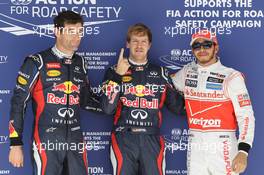 pole position for Sebastian Vettel (GER), Red Bull Racing, 2nd place for Mark Webber (AUS), Red Bull Racing and 3rd for Lewis Hamilton (GBR), McLaren Mercedes  17.11.2012. Formula 1 World Championship, Rd 19, United States Grand Prix, Austin, USA, Qualifying Day