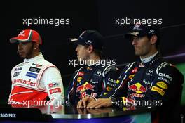 Qualifying FIA Press Conference (L to R): Lewis Hamilton (GBR) McLaren, second; Sebastian Vettel (GER) Red Bull Racing, pole position; Mark Webber (AUS) Red Bull Racing, third. 17.11.2012. Formula 1 World Championship, Rd 19, United States Grand Prix, Austin, Texas, USA, Qualifying Day.