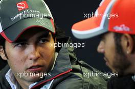 (L to R): Sergio Perez (MEX) Sauber and Lewis Hamilton (GBR) McLaren in the FIA Press Conference. 15.11.2012. Formula 1 World Championship, Rd 19, United States Grand Prix, Austin, Texas, USA, Preparation Day.