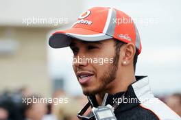 Lewis Hamilton (GBR) McLaren with the media. 15.11.2012. Formula 1 World Championship, Rd 19, United States Grand Prix, Austin, Texas, USA, Preparation Day.