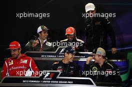 The FIA Press Conference (from back row (L to R)): Sergio Perez (MEX) Sauber; Lewis Hamilton (GBR) McLaren; Pedro De La Rosa (ESP) HRT Formula 1 Team; Fernando Alonso (ESP) Ferrari; Sebastian Vettel (GER) Red Bull Racing; Kimi Raikkonen (FIN) Lotus F1 Team.  15.11.2012. Formula 1 World Championship, Rd 19, United States Grand Prix, Austin, Texas, USA, Preparation Day.