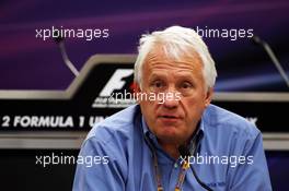 Charlie Whiting (GBR) FIA Delegate gives a FIA Press Conference explaining the 2013 Regulations. 15.11.2012. Formula 1 World Championship, Rd 19, United States Grand Prix, Austin, Texas, USA, Preparation Day.