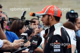 Lewis Hamilton (GBR) McLaren with the media. 15.11.2012. Formula 1 World Championship, Rd 19, United States Grand Prix, Austin, Texas, USA, Preparation Day.