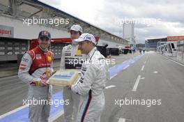 Jamie Green (GB); Audi Sport Team Abt Sportsline; Portrait; Christian Vietoris (GER); Team HWA; Andy Priaulx (GB); BMW Team RMG; holding birthday cake 09.04.2013, DTM Media Day, Hockenheim, Germany, Tuesday.