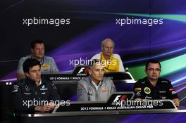 The FIA Press Conference (From back row (L to R)): Paul Hembery (GBR) Pirelli Motorsport Director; Toto Wolff (GER) Mercedes AMG F1 Shareholder and Executive Director; Martin Whitmarsh (GBR) McLaren Chief Executive Officer; Eric Boullier (FRA) Lotus F1 Team Principal.  15.03.2013. Formula 1 World Championship, Rd 1, Australian Grand Prix, Albert Park, Melbourne, Australia, Practice Day.