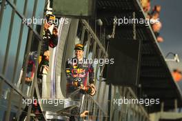 Sebastian Vettel (GER) Red Bull Racing and race winner celebrate on the podium. 17.03.2013. Formula 1 World Championship, Rd 1, Australian Grand Prix, Albert Park, Melbourne, Australia, Race Day.