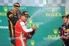 Fernando Alonso (ESP) Ferrari celebrates his second position on the podium. 17.03.2013. Formula 1 World Championship, Rd 1, Australian Grand Prix, Albert Park, Melbourne, Australia, Race Day.