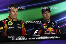 (L to R): Kimi Raikkonen (FIN) Lotus F1 Team and Sebastian Vettel (GER) Red Bull Racing in the FIA Press Conference. 17.03.2013. Formula 1 World Championship, Rd 1, Australian Grand Prix, Albert Park, Melbourne, Australia, Race Day.
