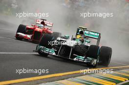 Lewis Hamilton (GBR) Mercedes AMG F1 W04 leads Fernando Alonso (ESP) Ferrari F138. 16.03.2013. Formula 1 World Championship, Rd 1, Australian Grand Prix, Albert Park, Melbourne, Australia, Qualifying Day.