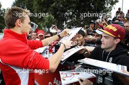 Max Chilton (GBR) Marussia F1 Team signs autographs for the fans. 16.03.2013. Formula 1 World Championship, Rd 1, Australian Grand Prix, Albert Park, Melbourne, Australia, Qualifying Day.