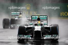 Lewis Hamilton (GBR) Mercedes AMG F1 W04 leads Nico Rosberg (GER) Mercedes AMG F1 W04. 16.03.2013. Formula 1 World Championship, Rd 1, Australian Grand Prix, Albert Park, Melbourne, Australia, Qualifying Day.