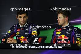 (L to R): Mark Webber (AUS) Red Bull Racing and pole sitter Sebastian Vettel (GER) Red Bull Racing in the FIA Press Conference. 17.03.2013. Formula 1 World Championship, Rd 1, Australian Grand Prix, Albert Park, Melbourne, Australia, Race Day.
