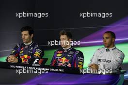 The top three qualifiers in the FIA Press Conference (L to R): Mark Webber (AUS) Red Bull Racing, second; Sebastian Vettel (GER) Red Bull Racing, pole position; Lewis Hamilton (GBR) Mercedes AMG F1, third. 17.03.2013. Formula 1 World Championship, Rd 1, Australian Grand Prix, Albert Park, Melbourne, Australia, Race Day.