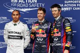 The top three qualifiers in Parc Ferme (L to R): Lewis Hamilton (GBR) Mercedes AMG F1, third; Sebastian Vettel (GER) Red Bull Racing, pole position; Mark Webber (AUS) Red Bull Racing, second. 17.03.2013. Formula 1 World Championship, Rd 1, Australian Grand Prix, Albert Park, Melbourne, Australia, Race Day.